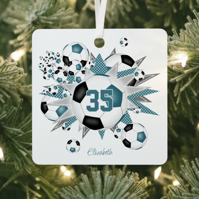 girls name soccer balls stars teal black metal tree decoration (Insitu)