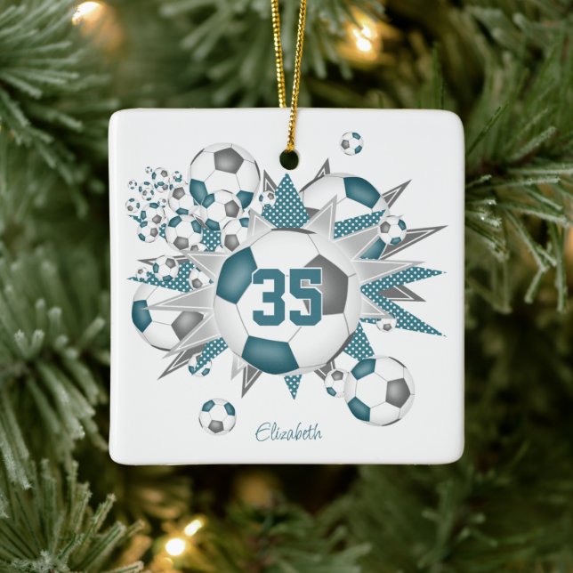 girls name soccer balls stars teal grey ceramic ornament (Tree)