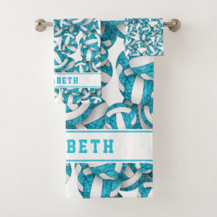 Girls name turquoise volleyballs pattern bath towel set