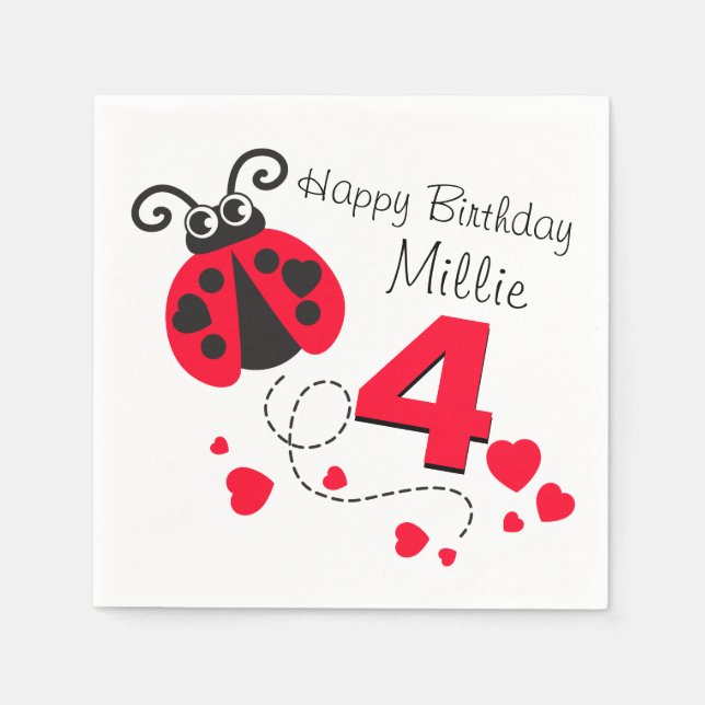 Girls named 4th birthday red ladybug napkins (Front)