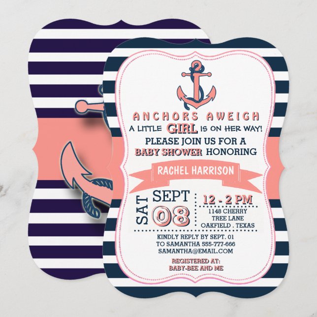 Girl's Nautical Anchor Baby Shower Invitations (Front/Back)