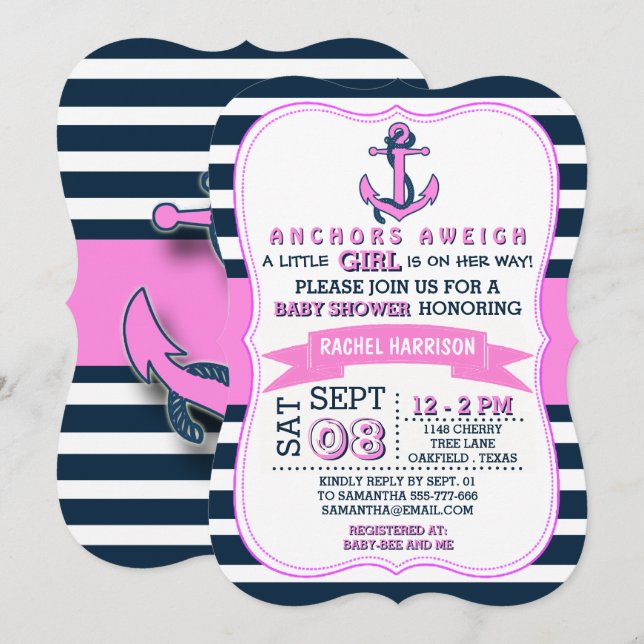 Girl's Nautical Anchor Baby Shower Invitations (Front/Back)