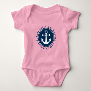 Girl's Nautical Anchor Rope Navy Captain Boat Name Baby Bodysuit