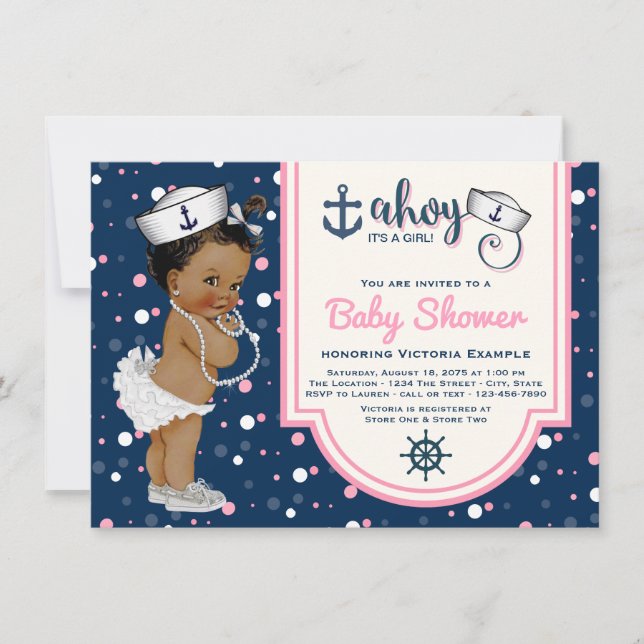 Girls Nautical Baby Shower African American Invitation (Front)