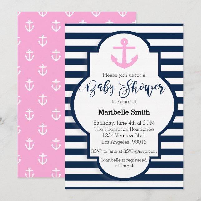 Girls Nautical Baby Shower Invitation (Front/Back)