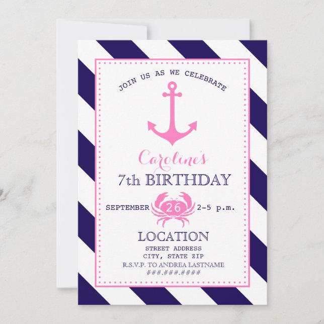 Girl's Nautical Birthday Party - Anchor + Crab Invitation (Front)