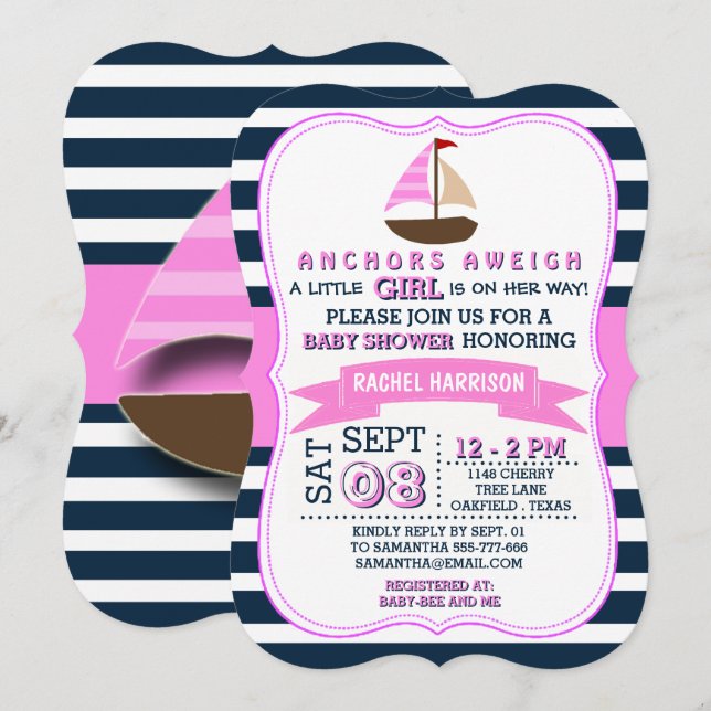 Girl's Nautical Boat Baby Shower Invitations (Front/Back)