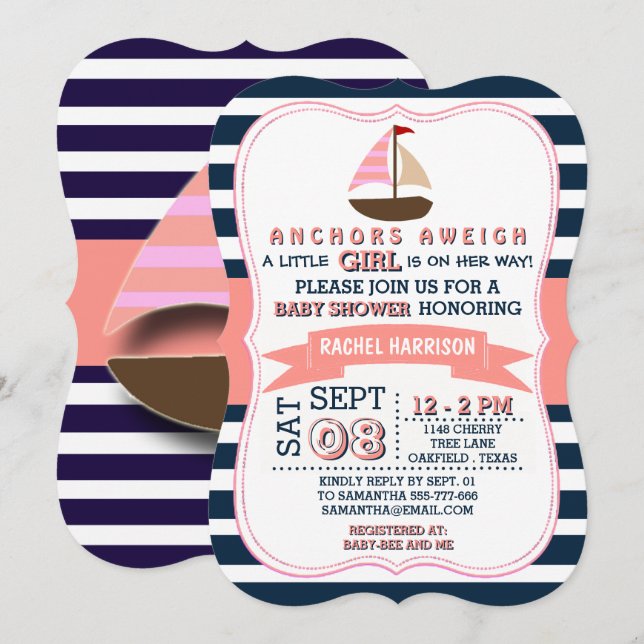 Girl's Nautical Boat Baby Shower Invitations (Front/Back)