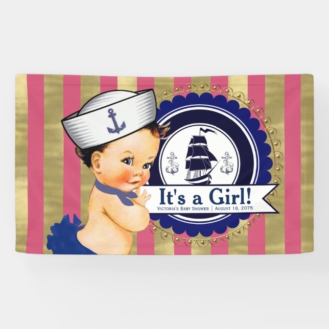 Girls Nautical Navy Blue Pink Gold Baby Shower Banner (Horizontal)