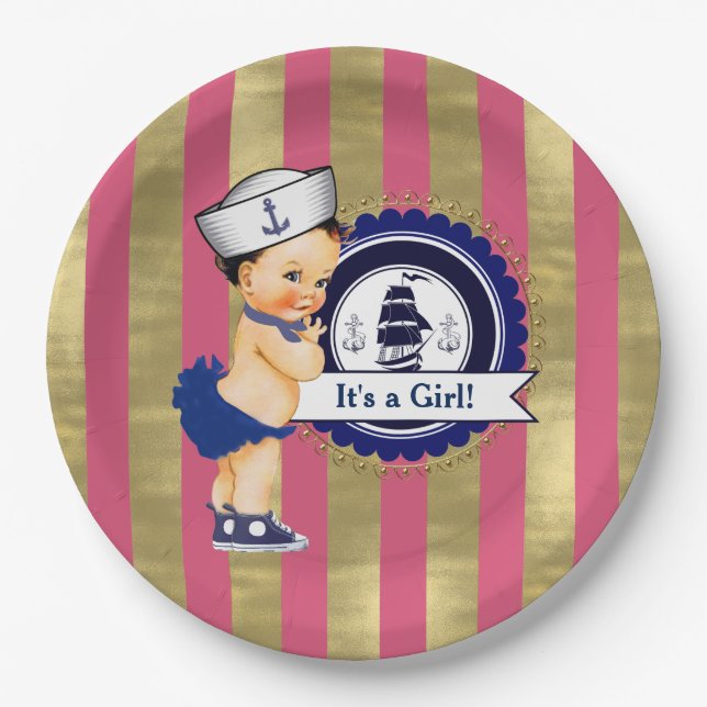 Girls Nautical Navy Blue Pink Gold Baby Shower Paper Plate (Front)