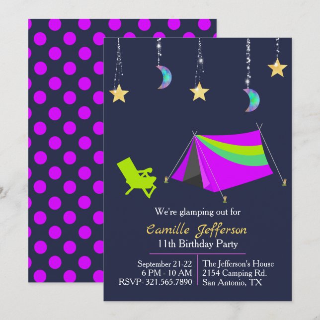Girls Neon Tent Glamping Birthday Invitation (Front/Back)