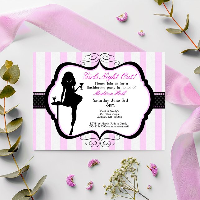 Girls Night Out Bachelorette Party Invitation (Pink White and Black Striped Girl's Night Out Jewelry Party Invitation)