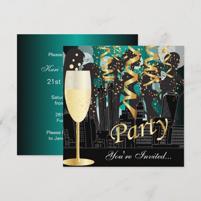 Girls Night Out Birthday Party | Metallic Teal Invitation (Front/Back)