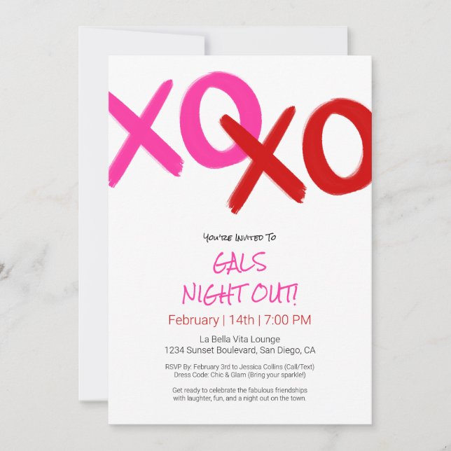 Girls Night Out Cute Pink XOXO Galentine Day Party Invitation (Front)