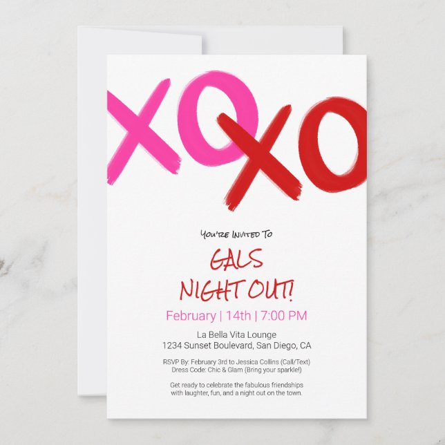 Girls Night Out Cute Red XOXO Galentine Day Party Invitation (Front)