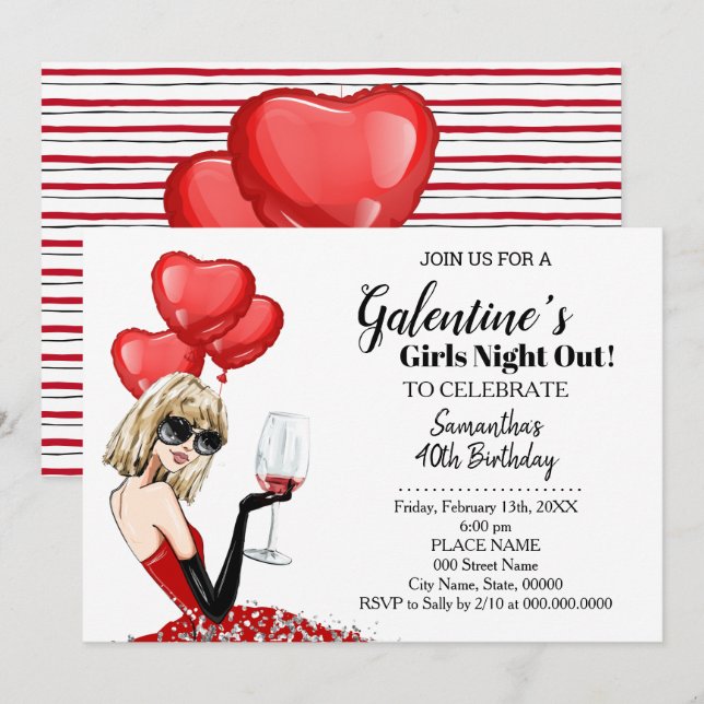 Girls Night Out Galentine's Birthday Party Bash Invitation (Front/Back)
