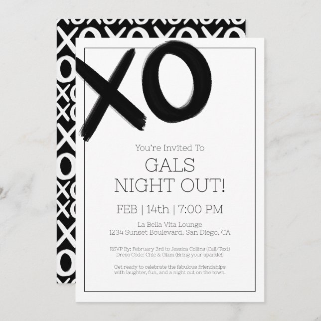 Girls Night Out XOXO Black Friends Galentine Party Invitation (Front/Back)