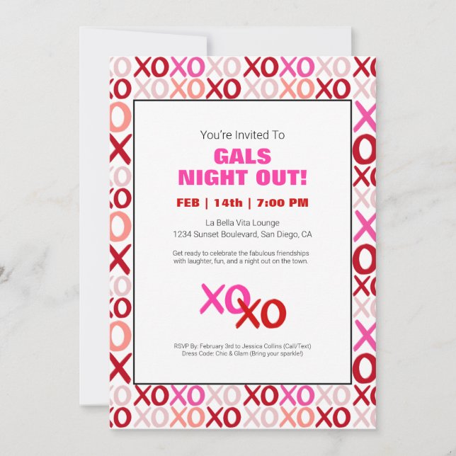 Girls Night Out XOXO Pink Cute Galentine Day Party Invitation (Front)