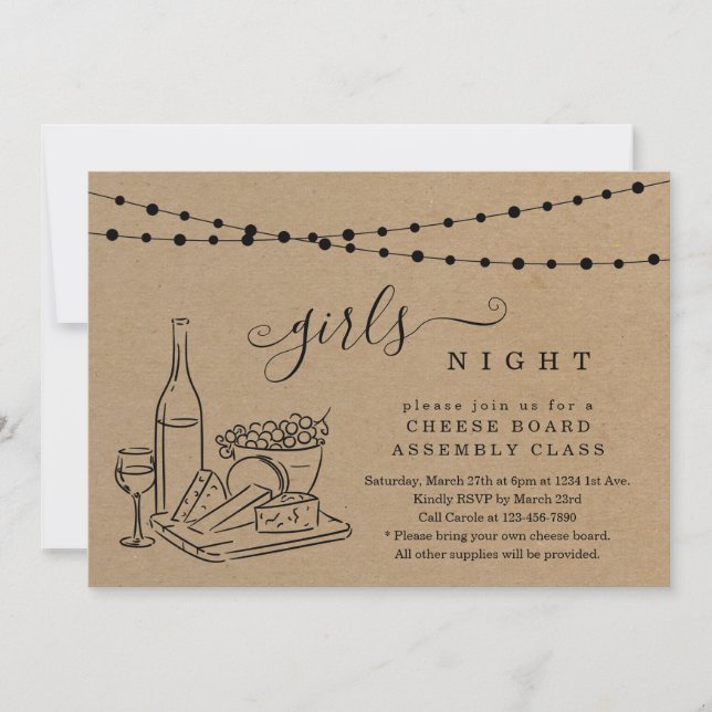 Girls' Night Wine Tasting and Cheese Board Party Invitation (Front)