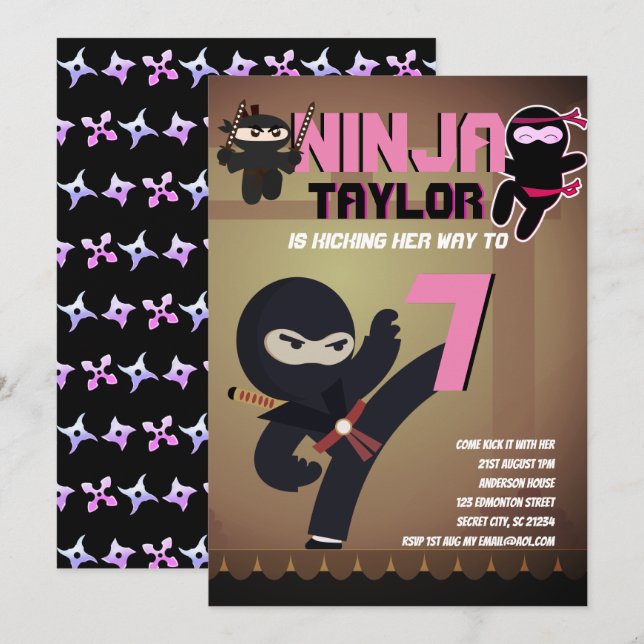 Girls NINJA MOVIE STAR WARRIOR Cartoon Party Invitation (Front/Back)