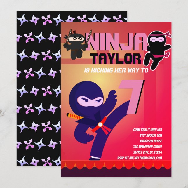 Girls NINJA MOVIE STAR WARRIOR Cartoon Party Invitation (Front/Back)