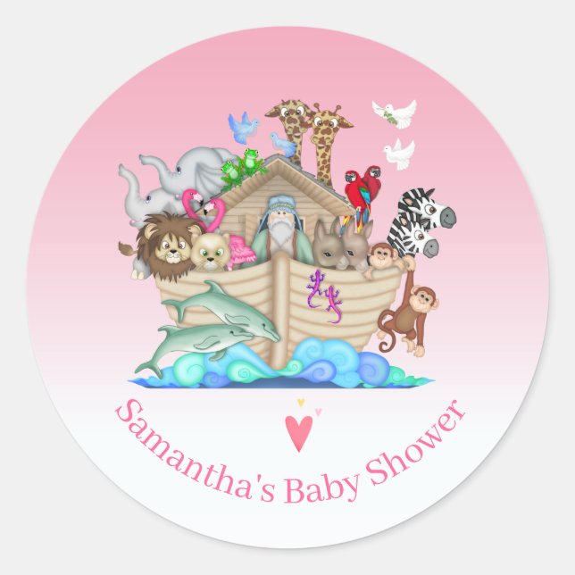 Girls Noah's Ark Baby Shower Birthday   Classic Round Sticker (Front)