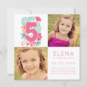 Girls Number 5 FIVE 5th Birthday Photo Card