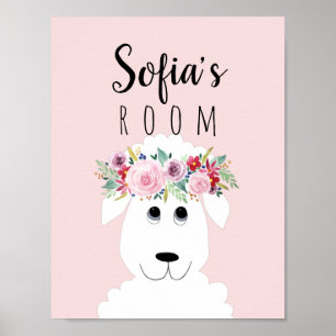 Girls Nursery Cute Floral Lamb and Name Kids Poster