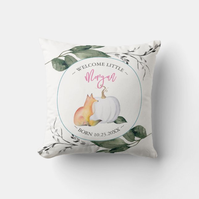 Girls Nursery Decor Fall Fox & Pumpkin Pink Cushion (Front)