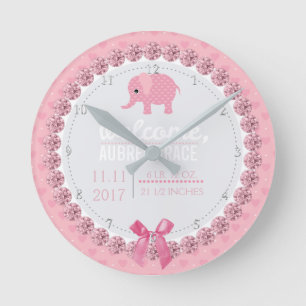 Girls Nursery Pink Elephant   Custom Birth Stats Round Clock