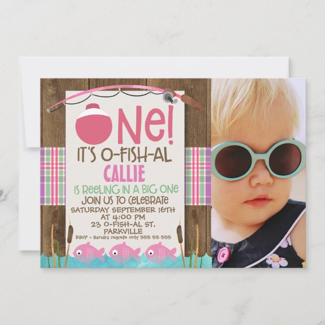 Girls o fish ally one photo birthday invitation (Front)