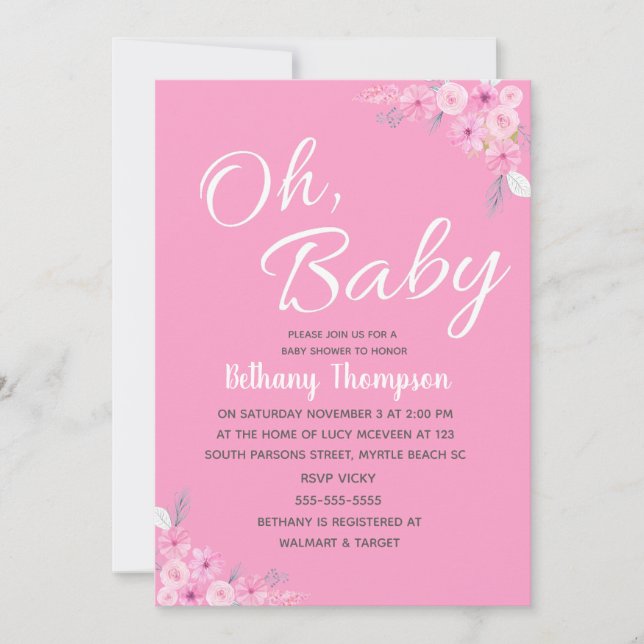 Girls Oh Baby Pink Floral Invitation (Front)