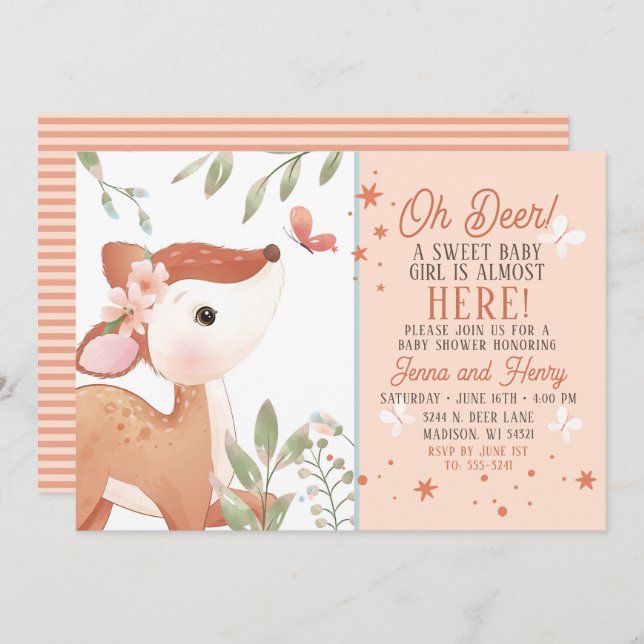 Girls Oh Deer Baby Shower Invitation (Front/Back)