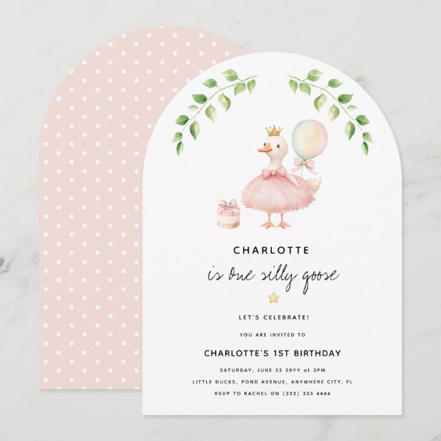 Girls One Silly Goose 1st Birthday Party Invitation (Front/Back)