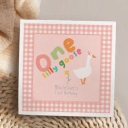 Girls One Silly Goose Kids Pink First Birthday Napkin