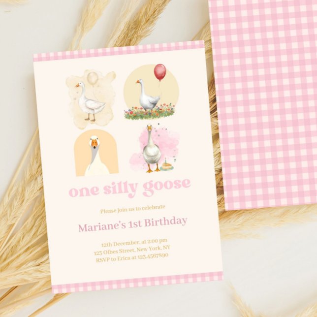 Girls One Silly Goose Pink First Birthday Gingham Invitation (one silly goose, 1st birthday, farm, girls first birthday girl, pink gingham, whimsical, pastel pink)