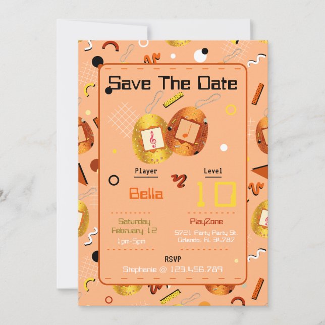 Girls Orange Gaming Tamagotchi Birthday Invitation (Front)