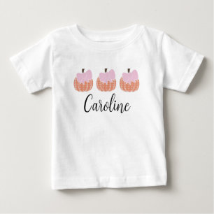 Girls Orange Gingham Pumpkin Trio With Pink Bows Baby T-Shirt