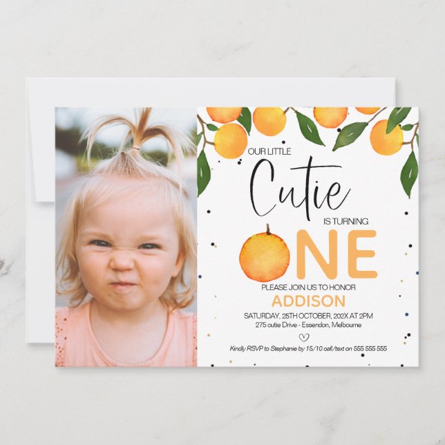 Girl's Orange Photo Little Cutie First Birthday In Invitation (Front)