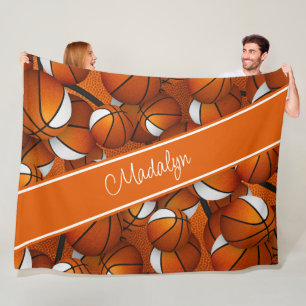 girls orange white basketball pattern personalised fleece blanket