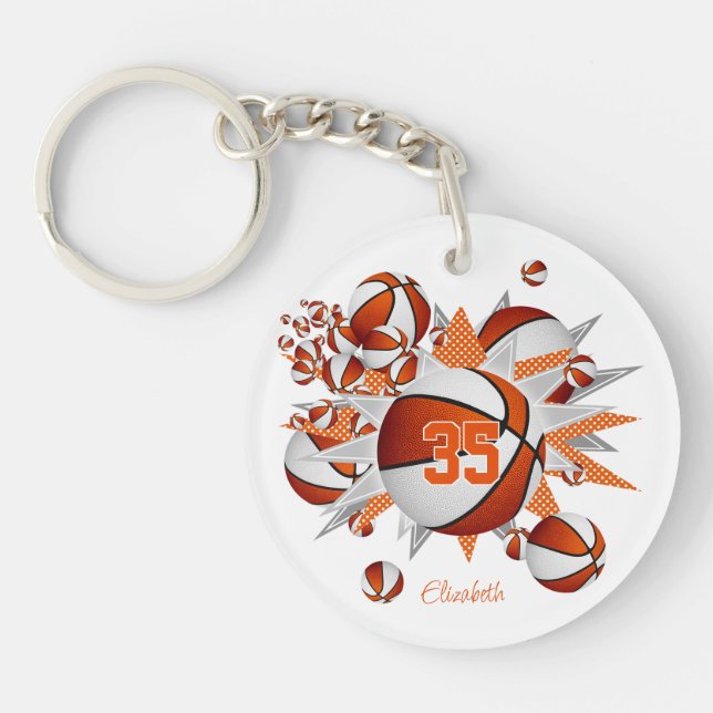 girls orange white basketballs stars  key ring (Front)
