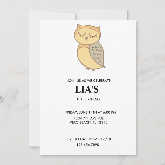 Girls Owl Birthday Party Invitation. Invitation (Front)