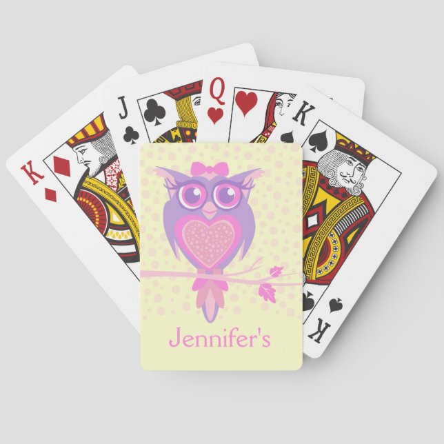 Girl's owl purple yellow named playing cards (Back)