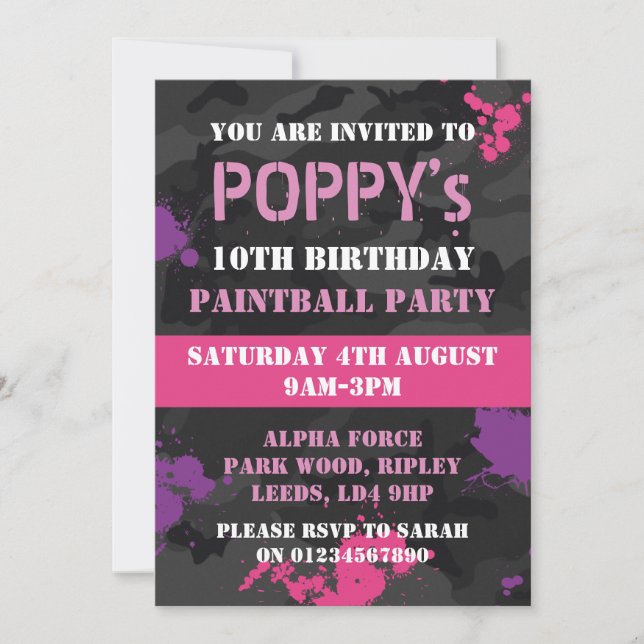 Girls Paintball themed birthday party invitation (Front)