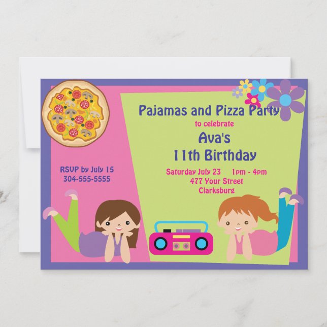 Girls Pajama & Pizza Party Invitation (Front)