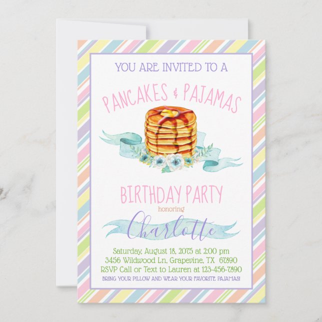 Girls Pancakes and Pajama Birthday Party Invitation (Front)