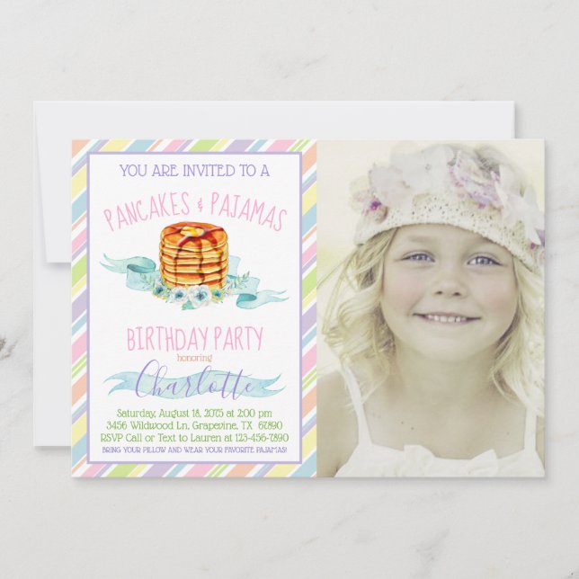 Girls Pancakes and Pajama Photo Birthday Party Invitation (Front)