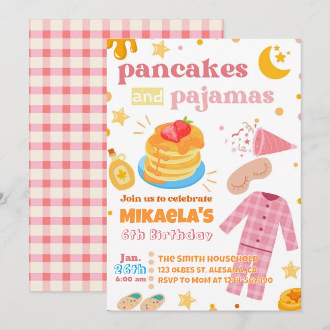 Girls Pancakes and Pyjamas Birthday Invitation (Front/Back)
