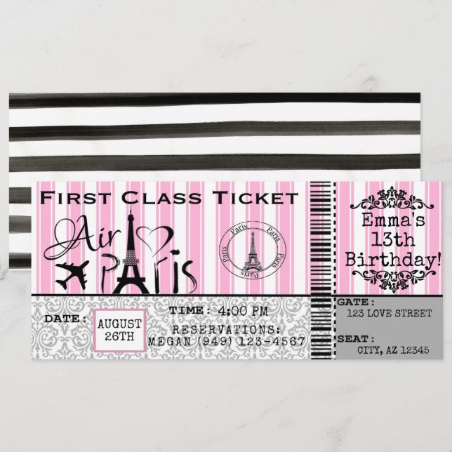 Girl's Paris France Airline Ticket Birthday Invitation (Front/Back)