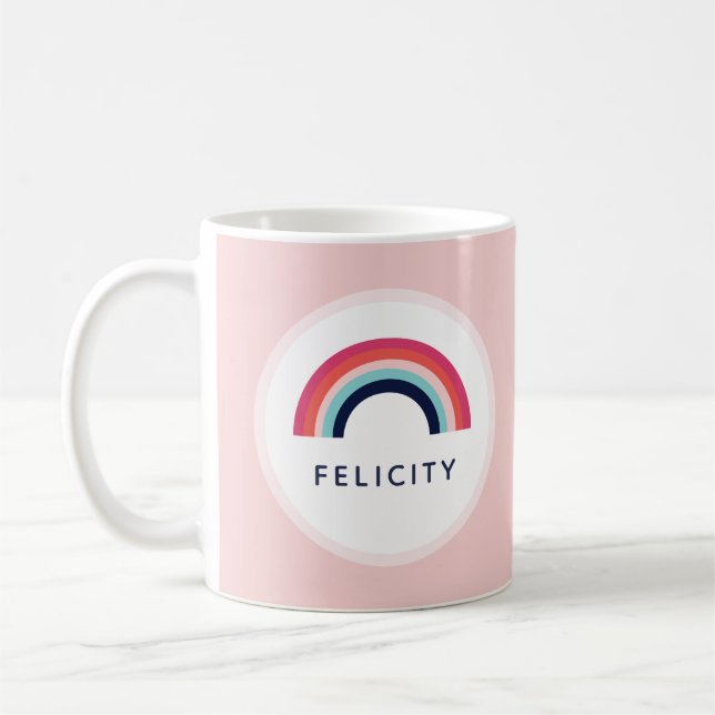 Girls Party Rainbow Personalised Name Pink Blue Coffee Mug (Left)